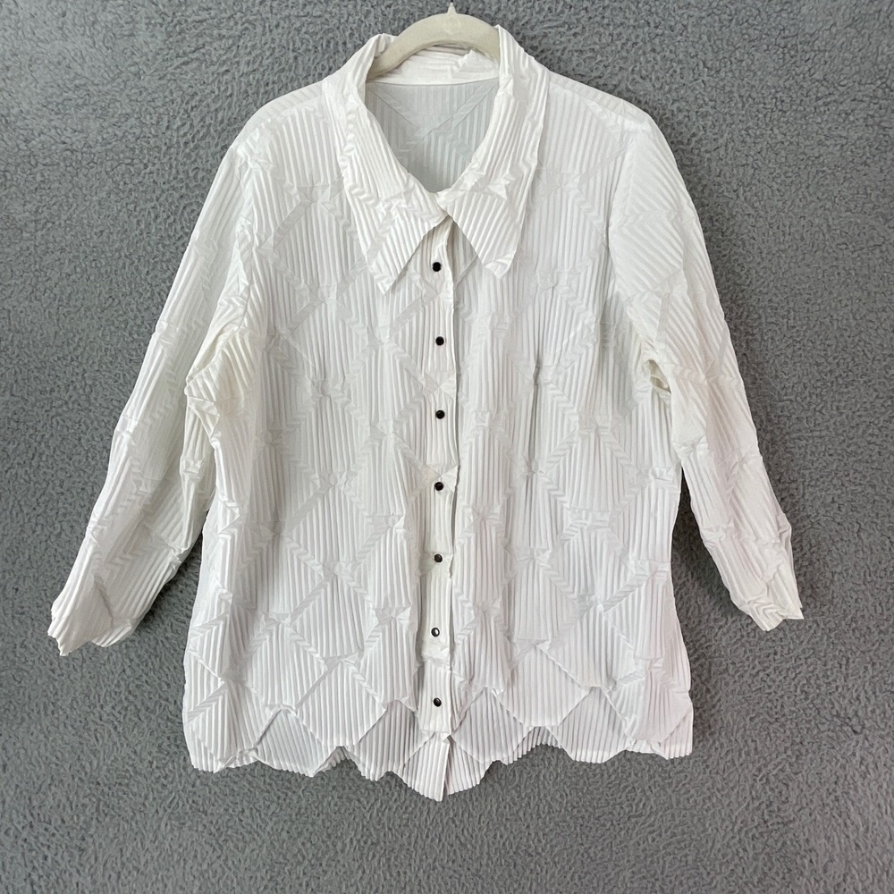 Babette Pleated Button Blouse Womens L White Crisp Architectural Lagenlook USA